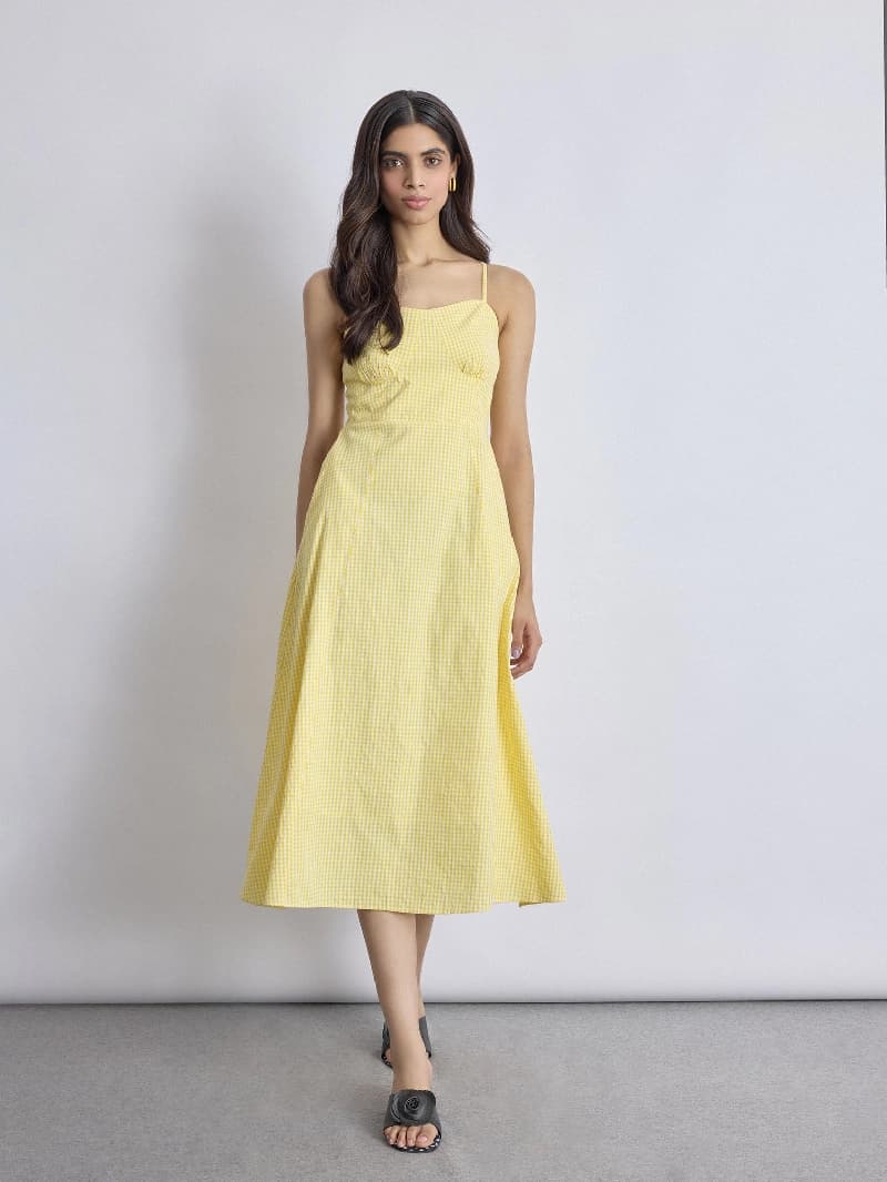 Women's Yellow Casual Checked Dress