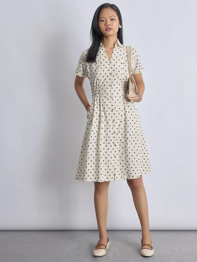 Women's Cream Casual Polka Dot Dress