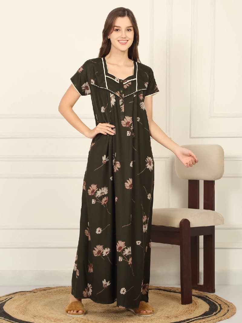 Women's Green Casual Printed Night Dress