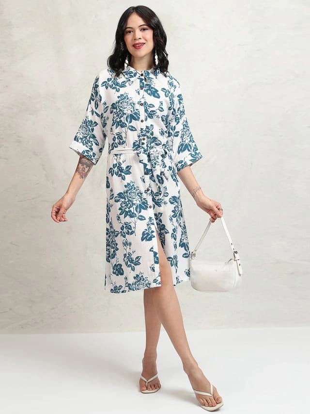 Women's White Casual Floral Regular Fit Dress