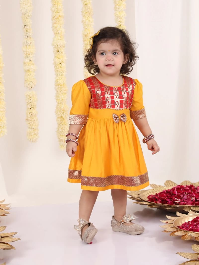Girls Yellow And Red South Indian Style Ethnic Dress