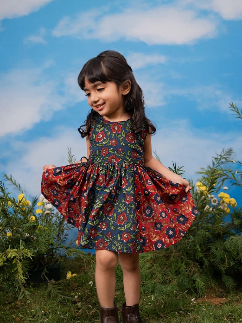 Girls Navy Cotton Sleeveless Floral Printed Dress