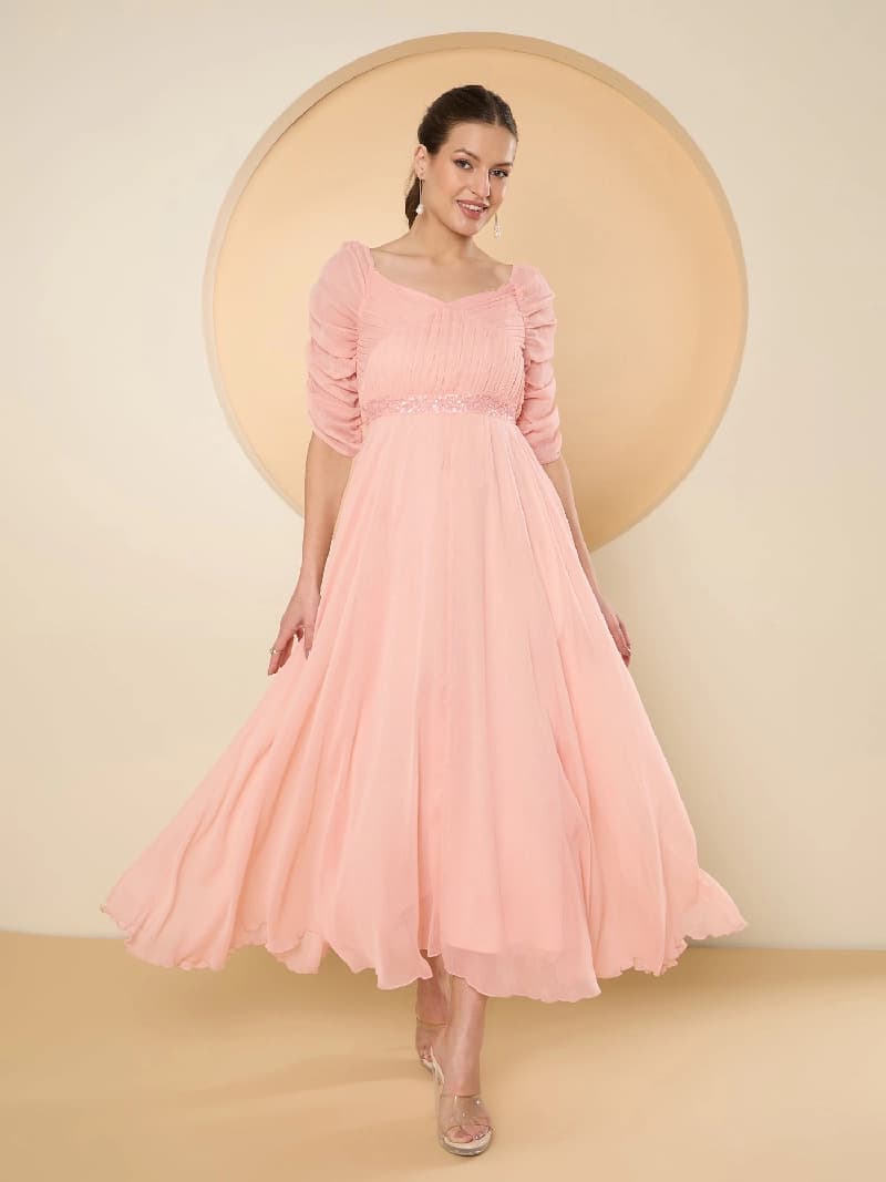 Women's Pink Chiffon Maxi Embellished Dress