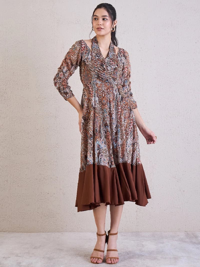 Women's Brown Ethnic Motifs Printed Chiffon Fit & Flare Midi Dress