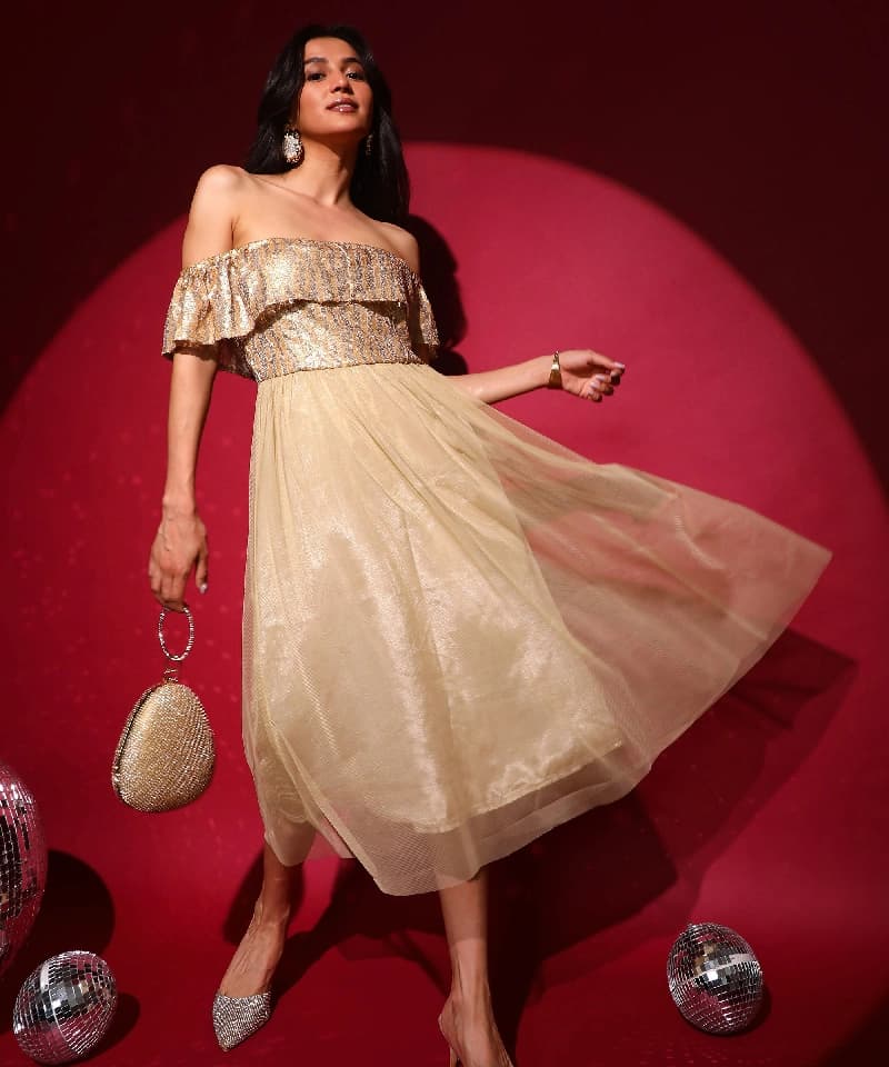 Women's Gold Party Regular Fit Dress