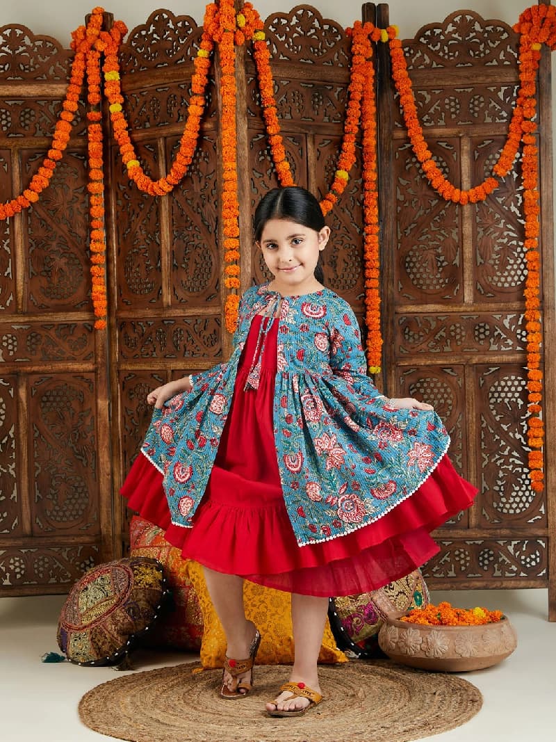 Girls Red Printed Kantha Work Cotton Dress With jacket