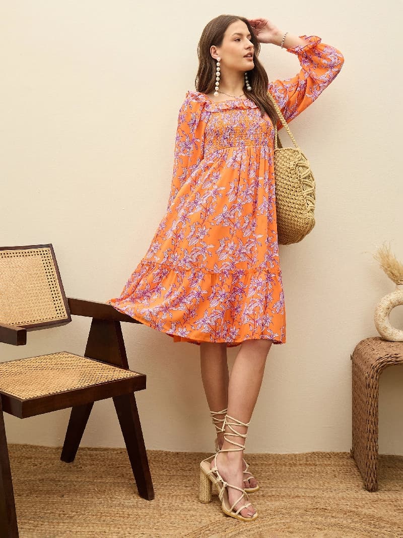 Women's Orange Casual Regular Fit Dress