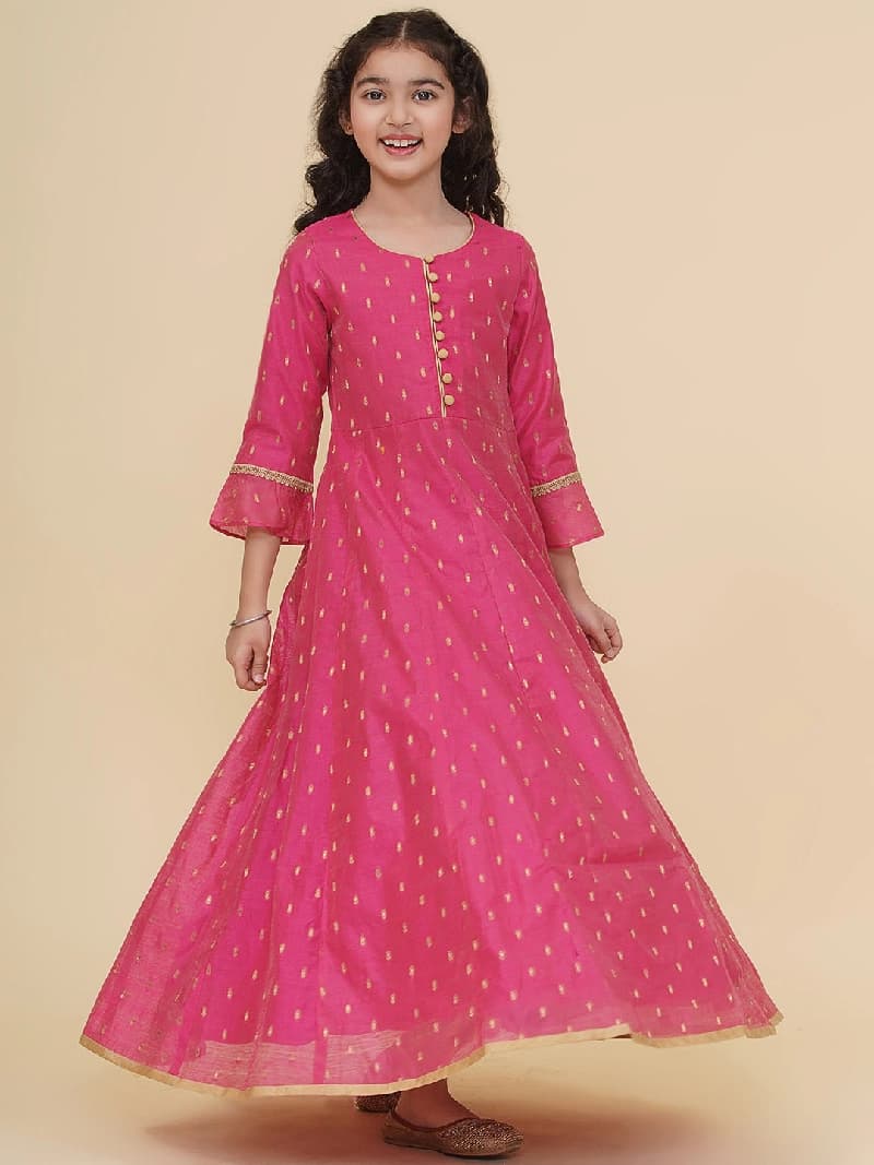 Girls Pink Woven Design Maxi Dress