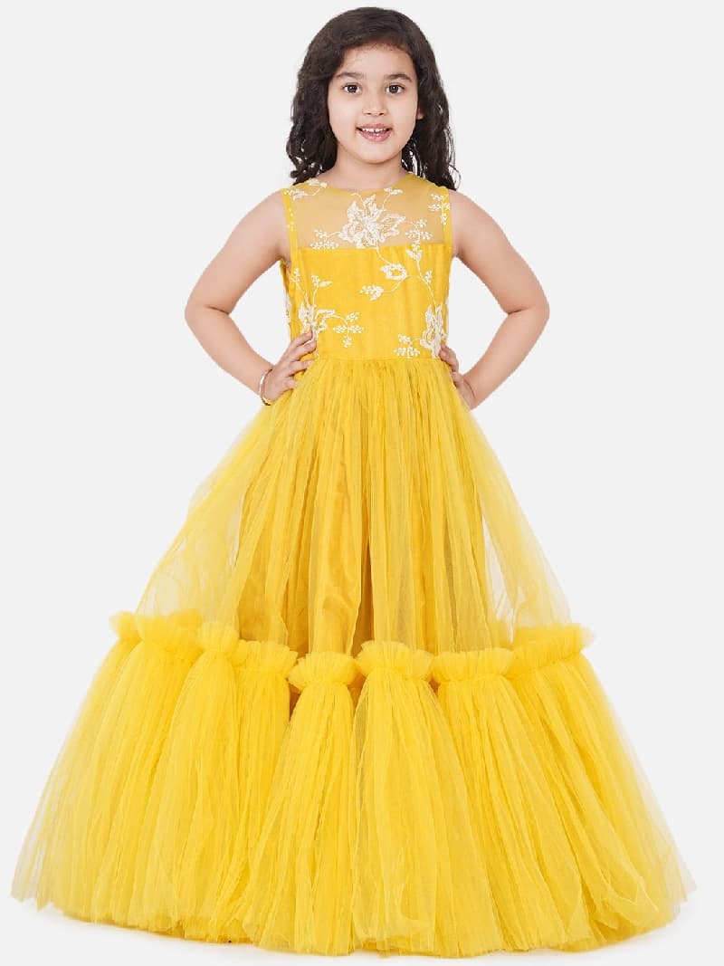 Girls Yellow Floral Embroidered Net Gown