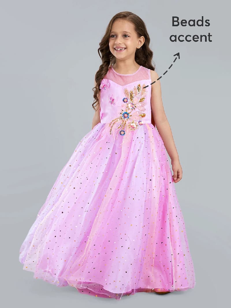 Girls Pink Beaded Gown with Detachable Bow