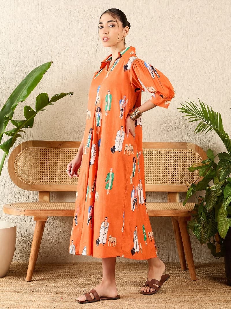 Women's Orange Casual Printed Regular Fit Dress