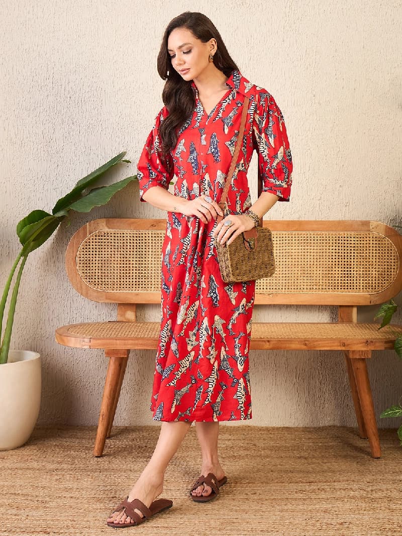 Women's Red Casual Printed Regular Fit Dress