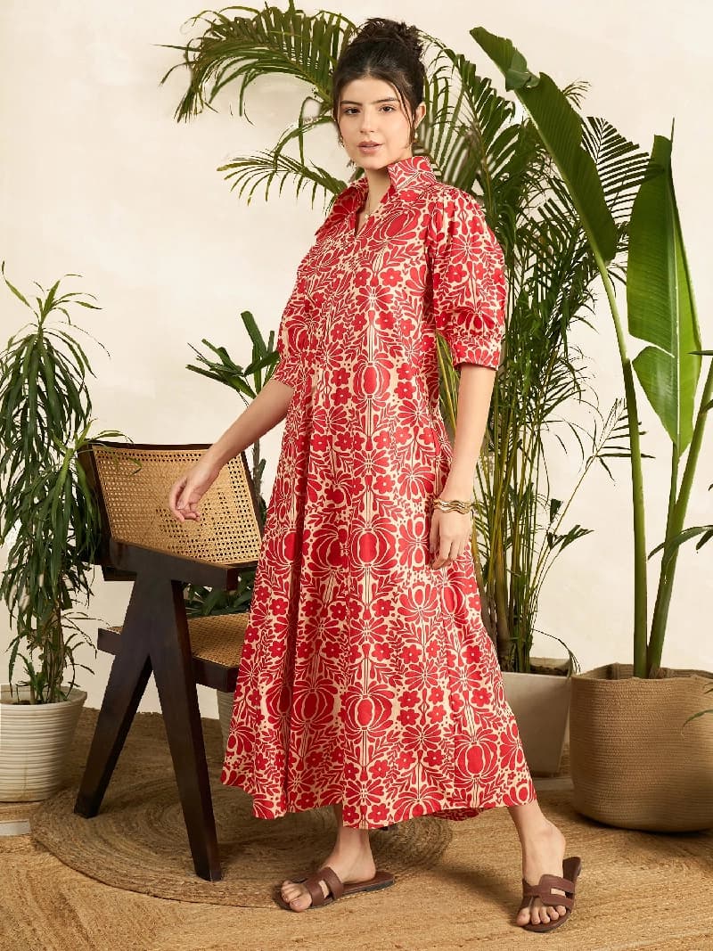 Women's Red Casual Printed Regular Fit Dress