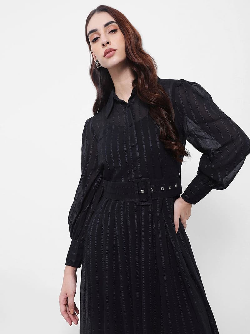 Women's Navy Casual A-Line Shirt Collar Full Sleeves Maxi Dresses
