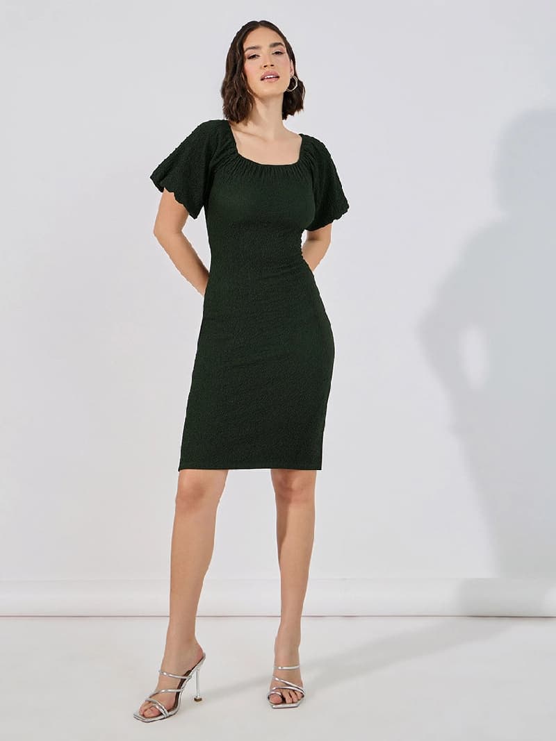 Women's Olive Puff Sleeves Sqaure Neck Bodycon Knee Length Dress