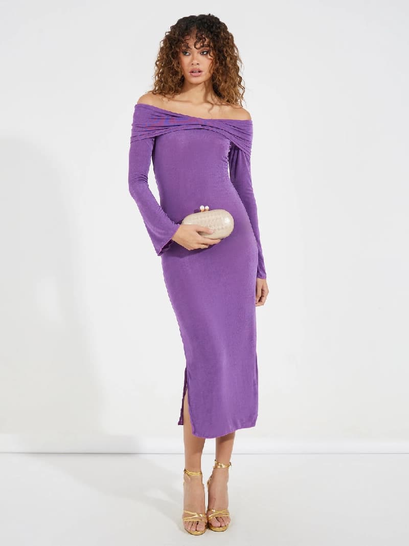 Women's Purple Solid Off-Shoulder Sheath Maxi Dress