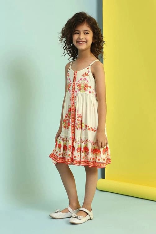 Girls Yellow Festive Regular Fit Printed Dress