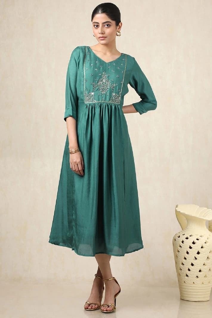 Women's Teal Crepe Solid Dress With Cutdana