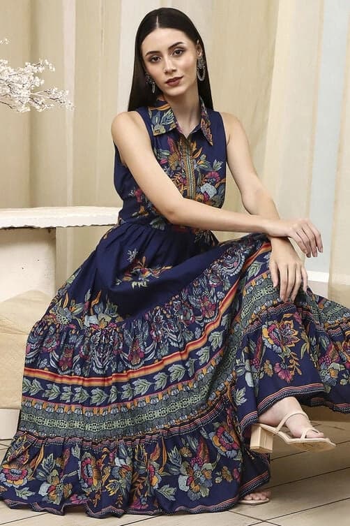 Women's Blue Festive Printed Regular Fit Dress