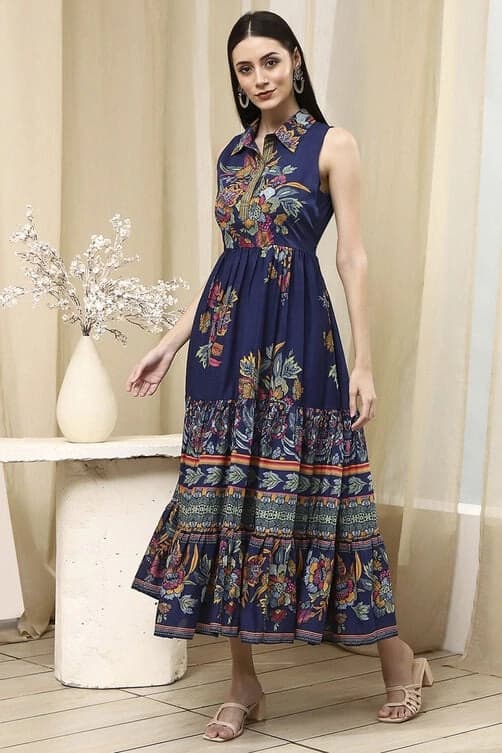 Women's Blue Festive Printed Regular Fit Dress
