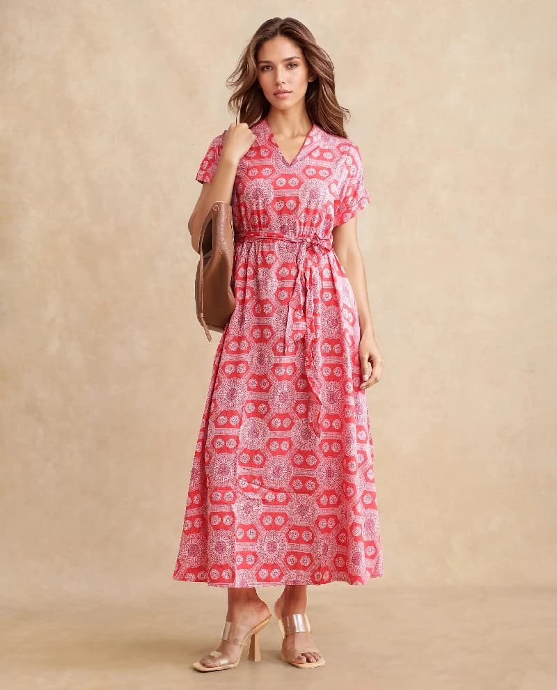 Women's Red Casual Printed Regular Fit Dress