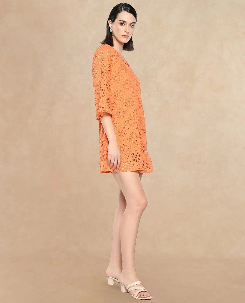 Women's Orange Party Printed Regular Fit Dress