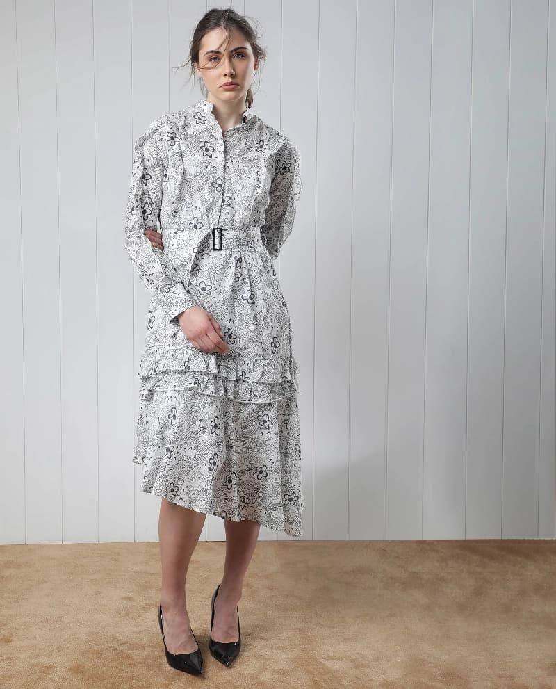 Women's White Formal Printed Regular Fit Dress