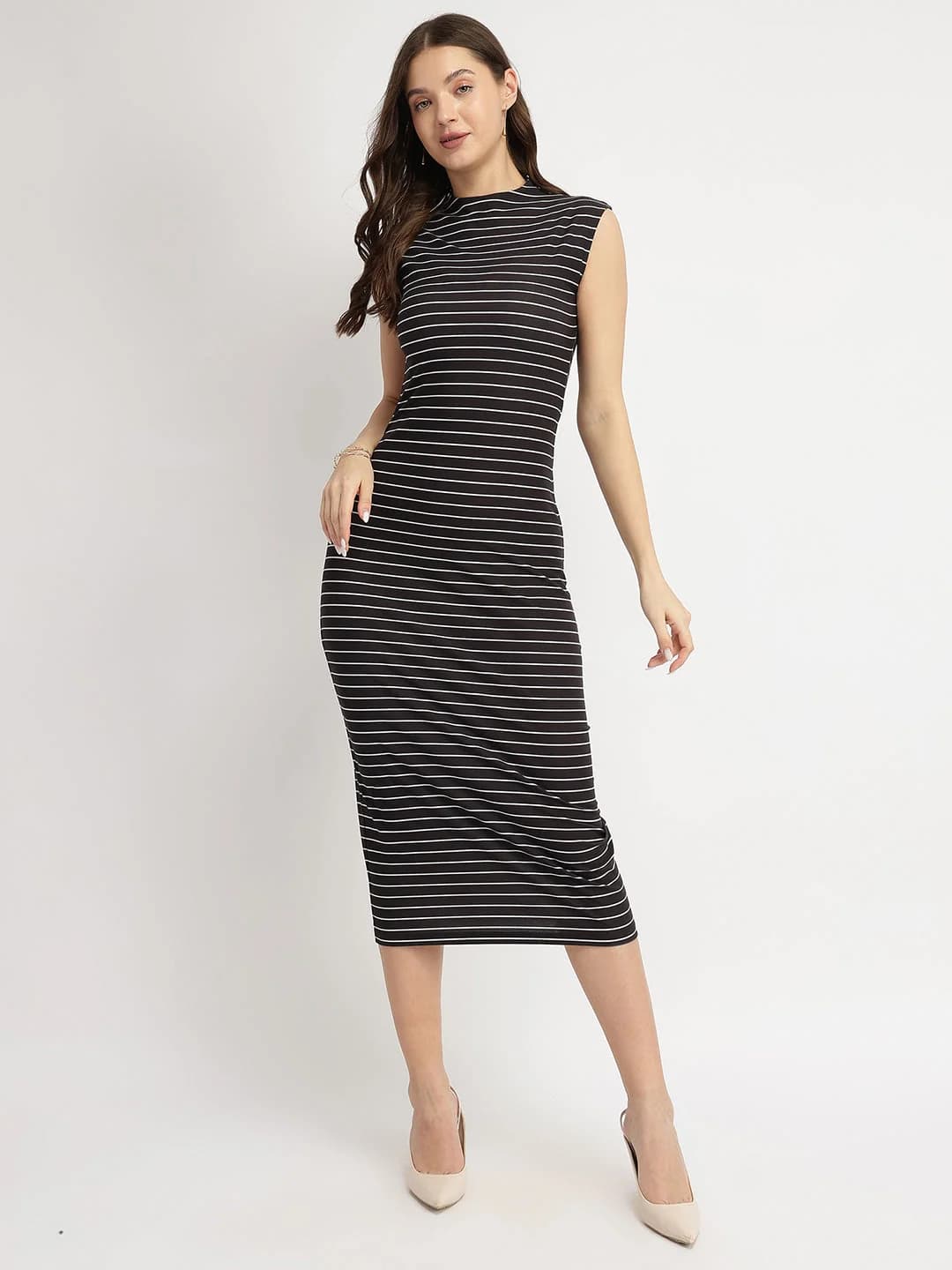 Women's Black Casual Striped Dress