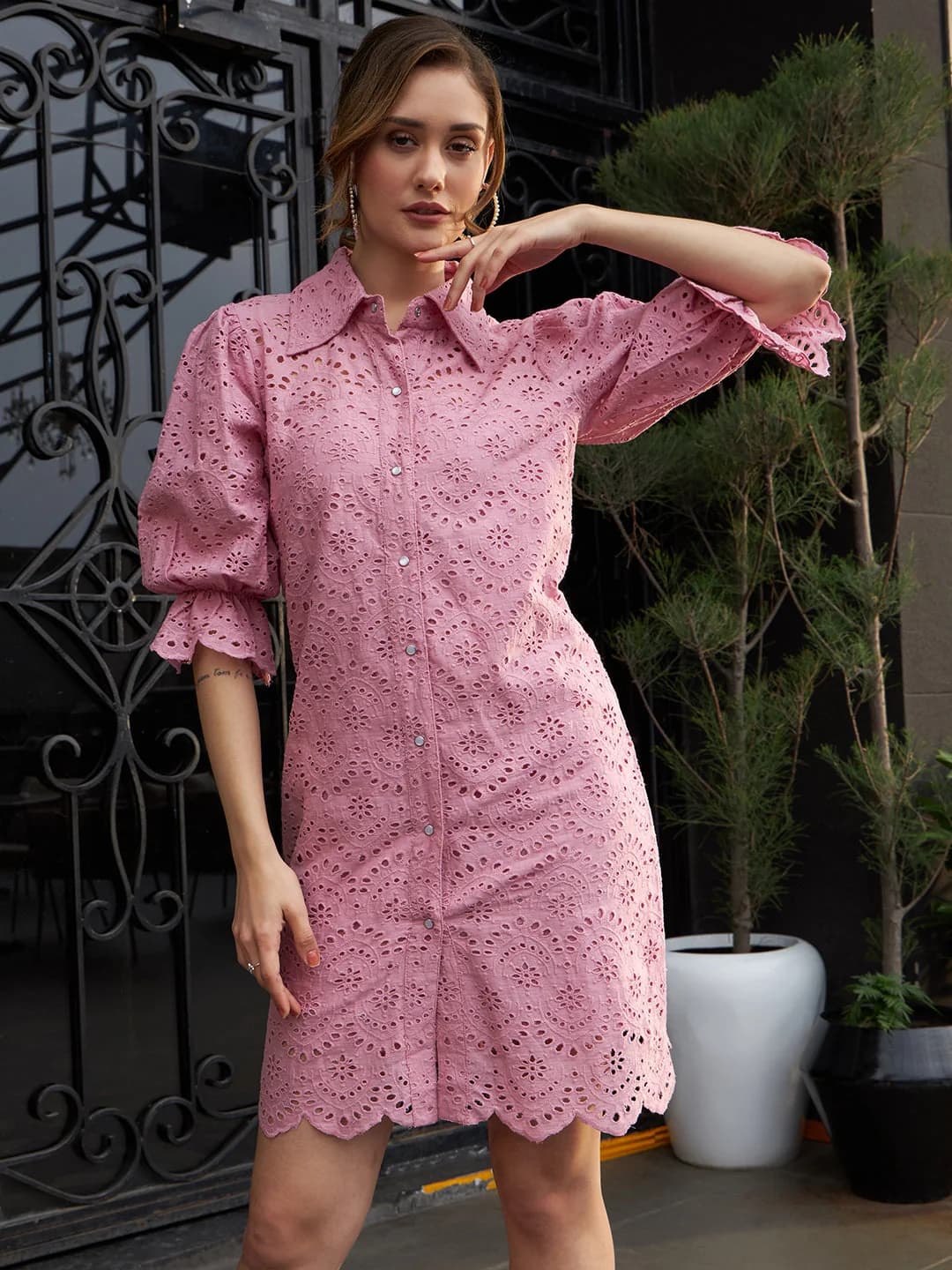 Women's Pink Formal Solid Regular Fit Dress