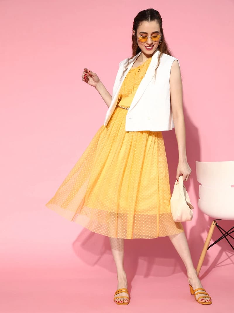 Women's Yellow Casual Solid Regular Fit Dress