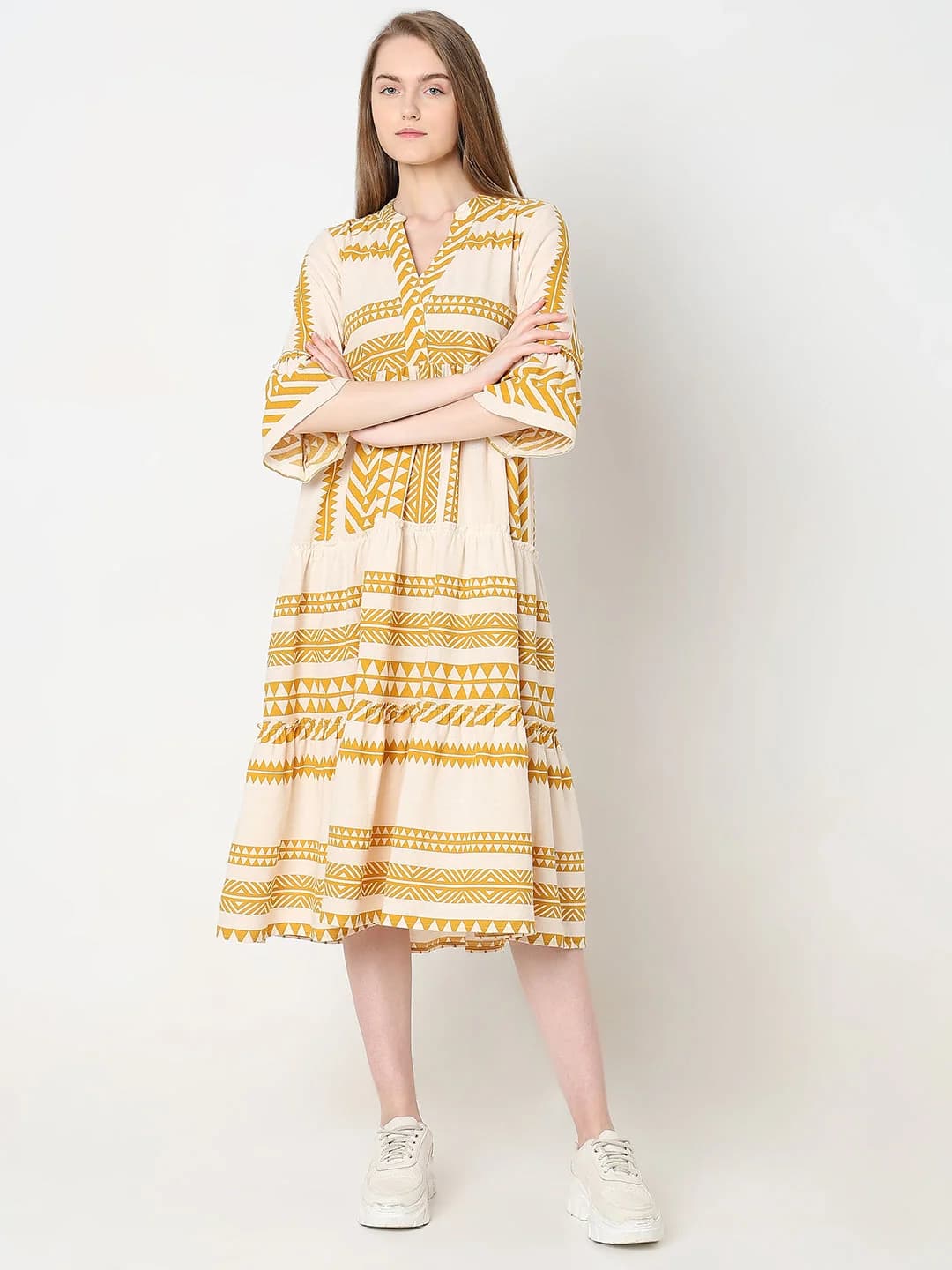 Women's Beige Casual Printed Regular Fit Dress