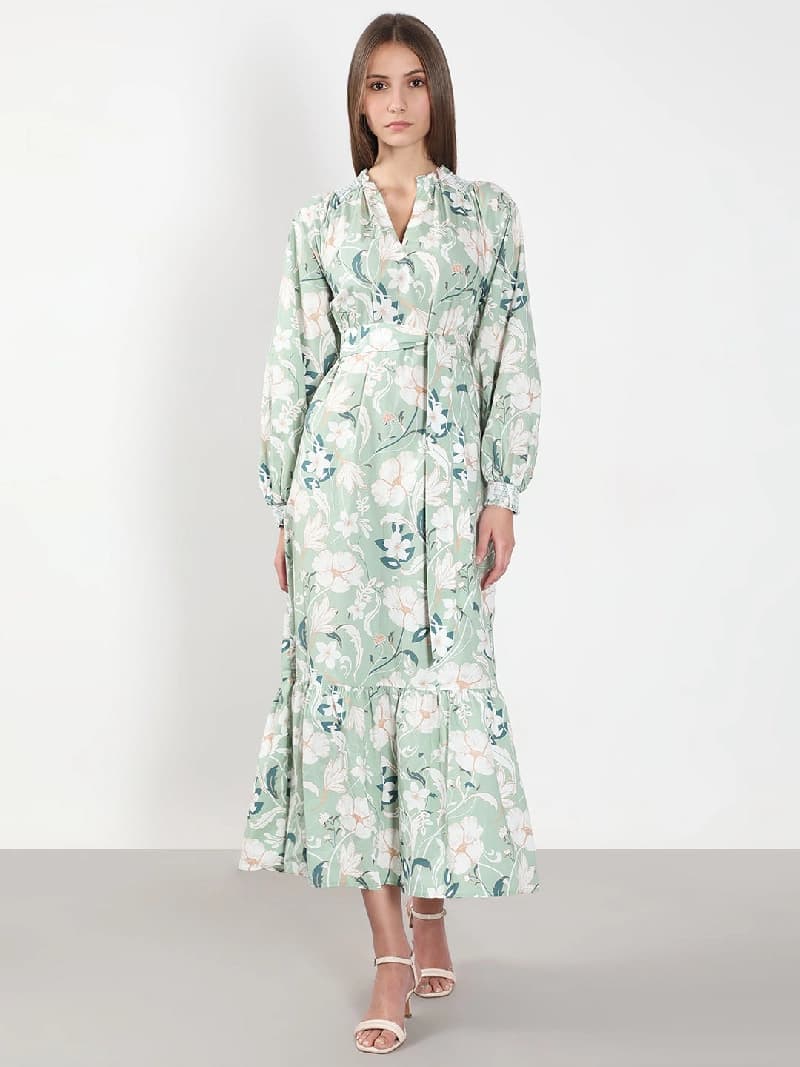 Women's Green Casual Printed Regular Fit Dress