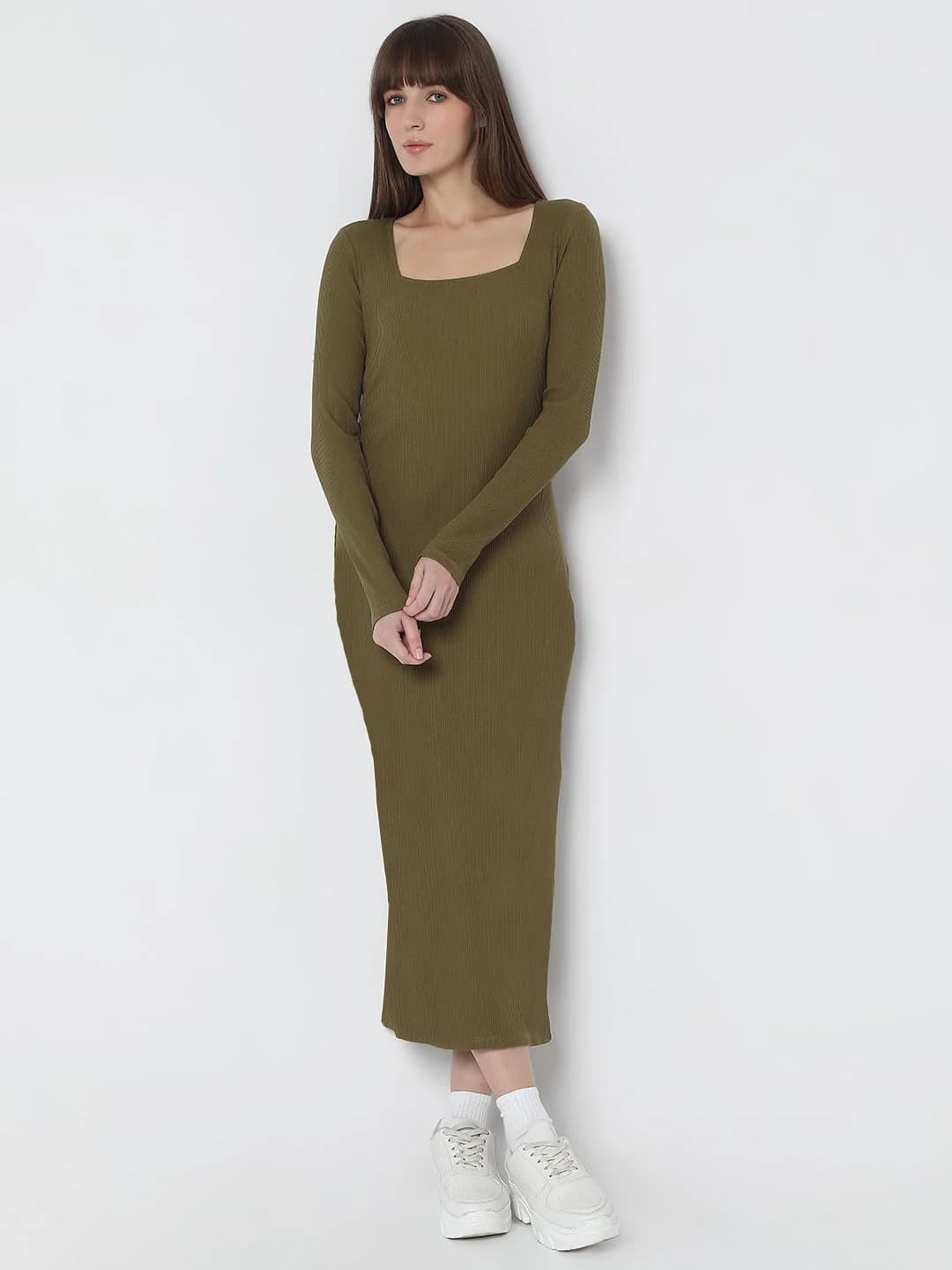 Women's Green Casual Solid Skinny Fit Dress