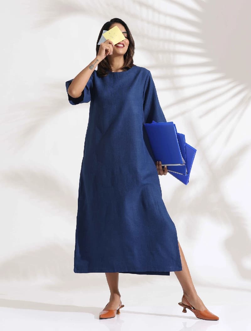 Women's Blue Formal Solid Regular Fit Dress