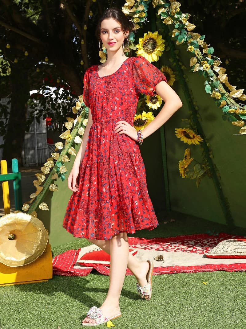Women's Red Casual Printed Dress