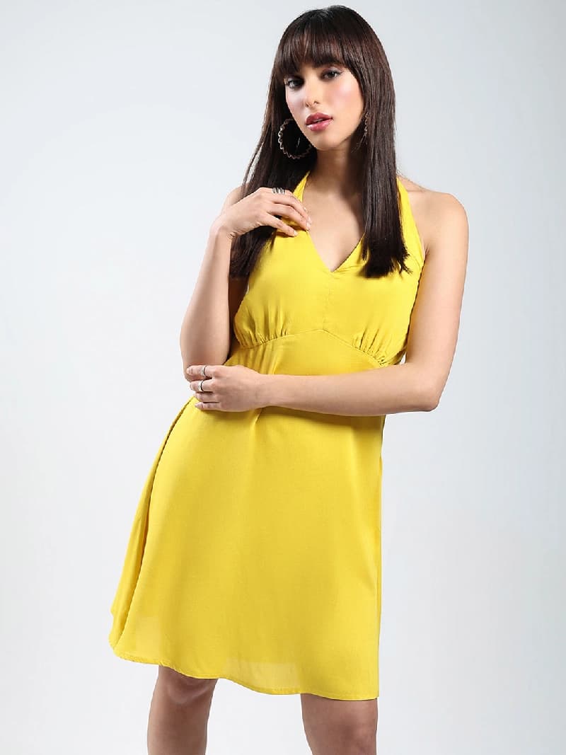 Women's Yellow Casual Solid Dress