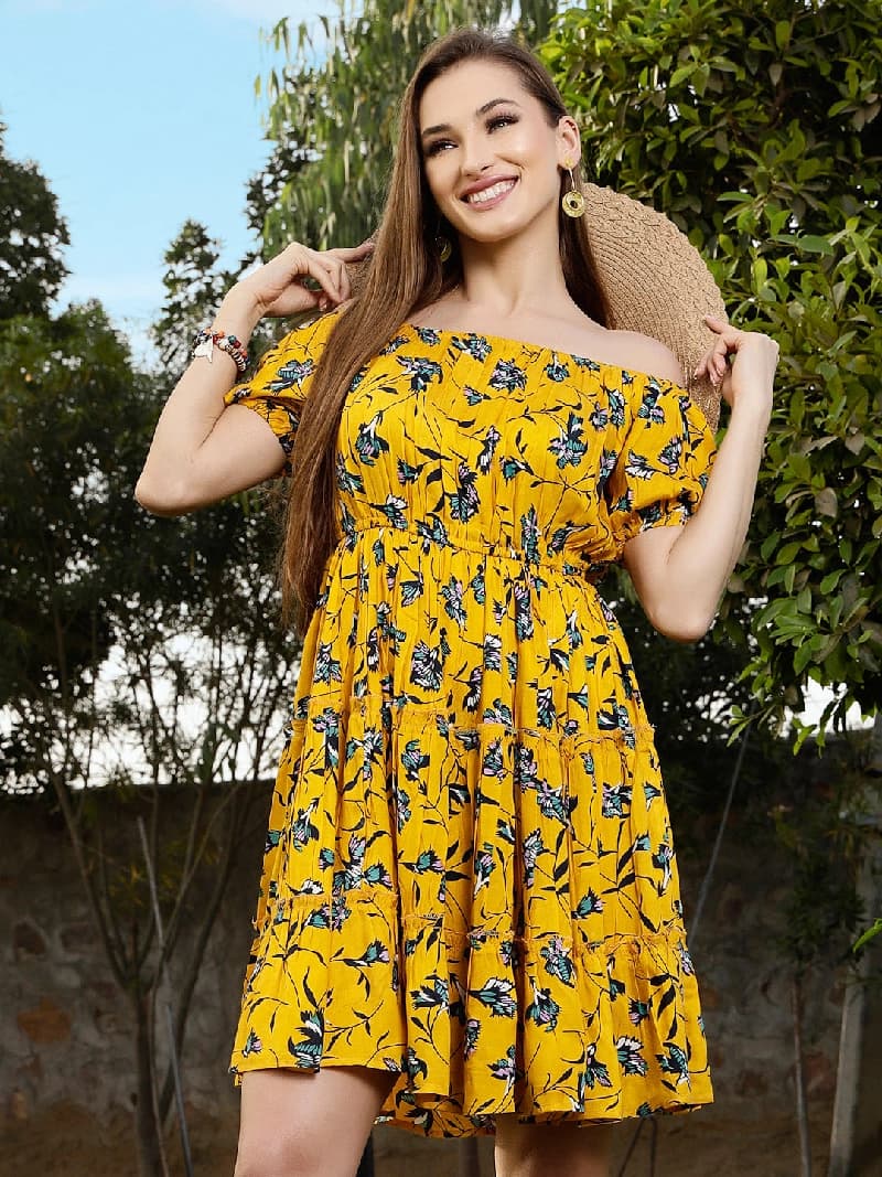 Women's Yellow Casual Printed Dress
