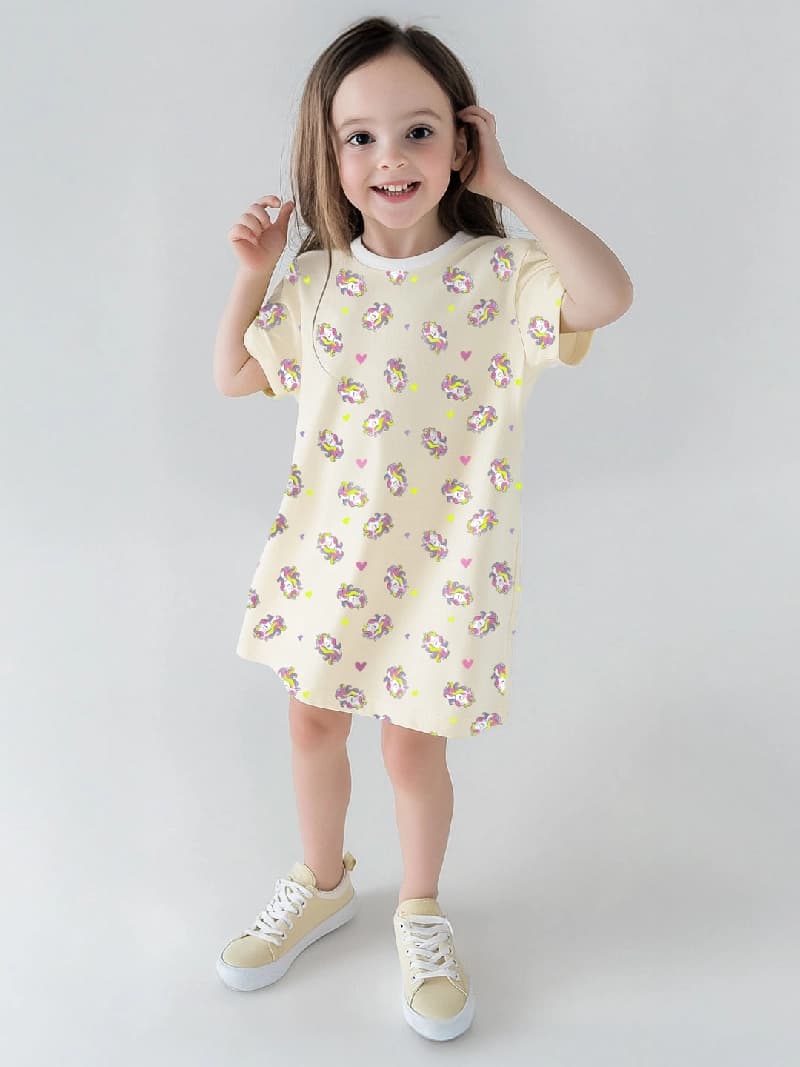 Girls Beige Casual Printed Tshirt Dress
