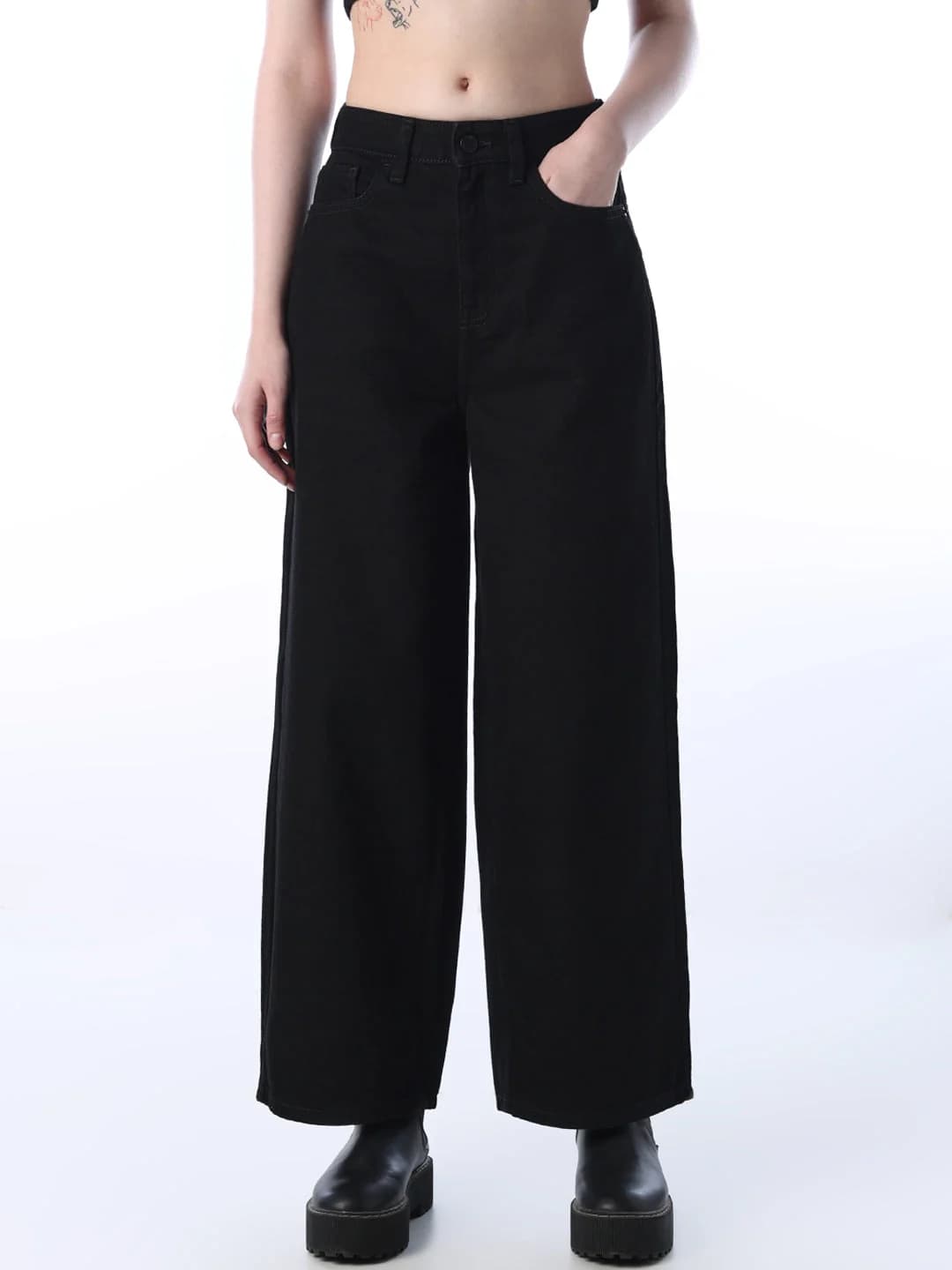 Women's Black Casual Solid Wide Leg Jeans