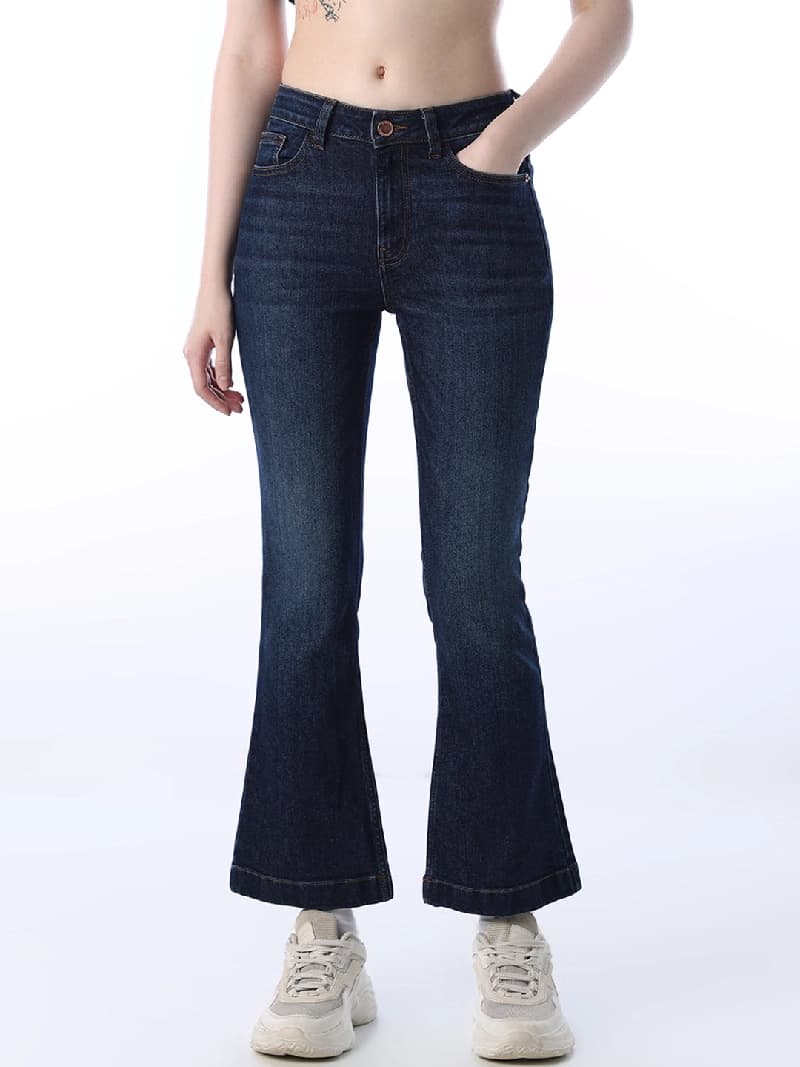 Women's Blue Casual Mid Rise Flared Fit Jeans