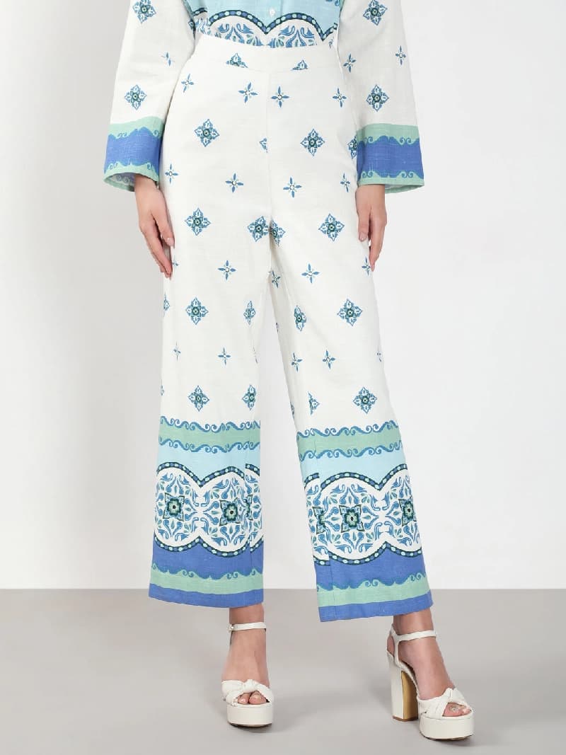 Women's White Casual Printed Straight Fit Trouser