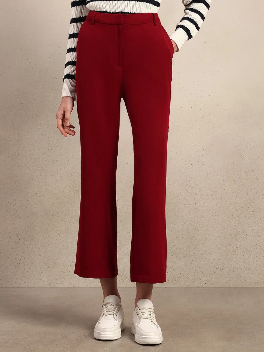 Women's Red Casual Solid Bootcut Fit Cargos