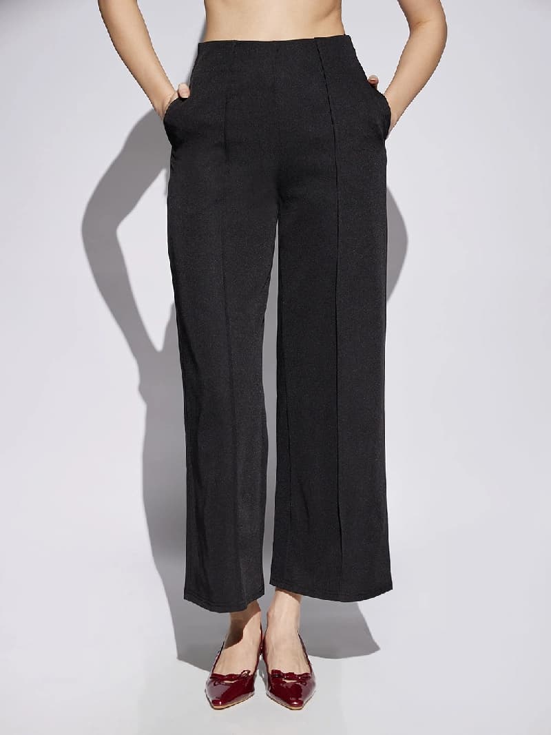 Women's Black Formal Solid Wide Leg Trouser