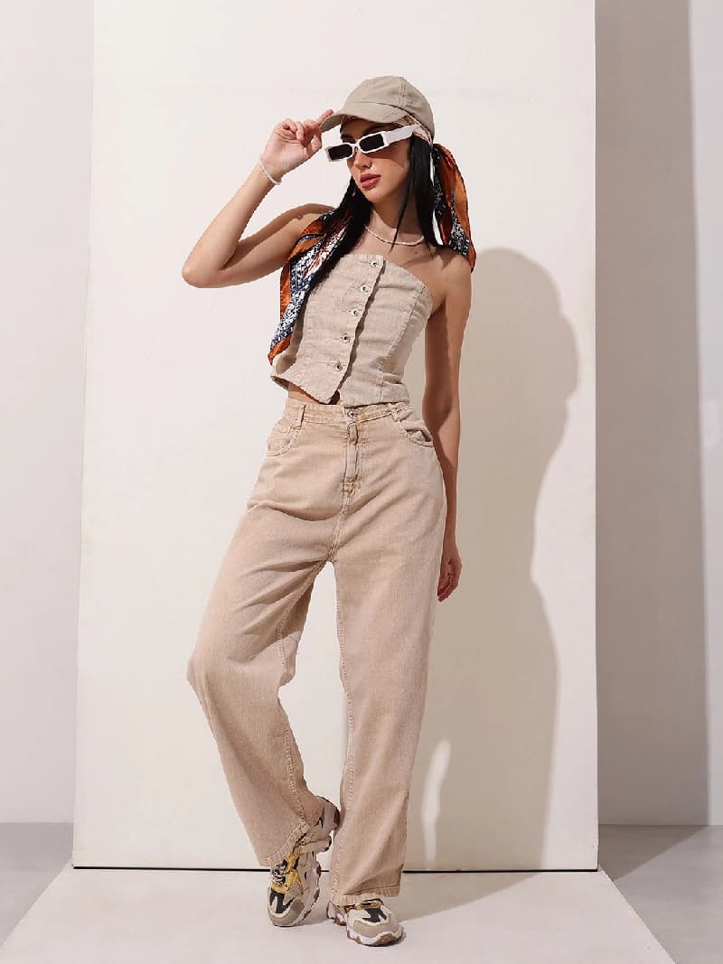 Women's Beige Casual Solid Straight Fit Jeans