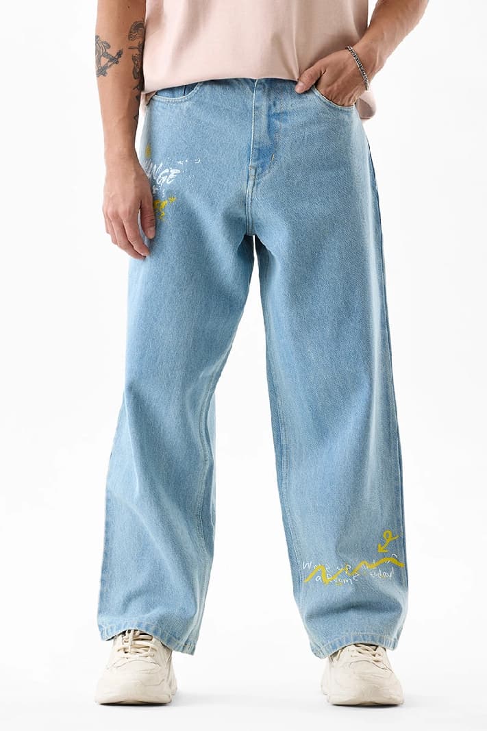 Men's Blue Casual Printed Baggy Fit Jeans