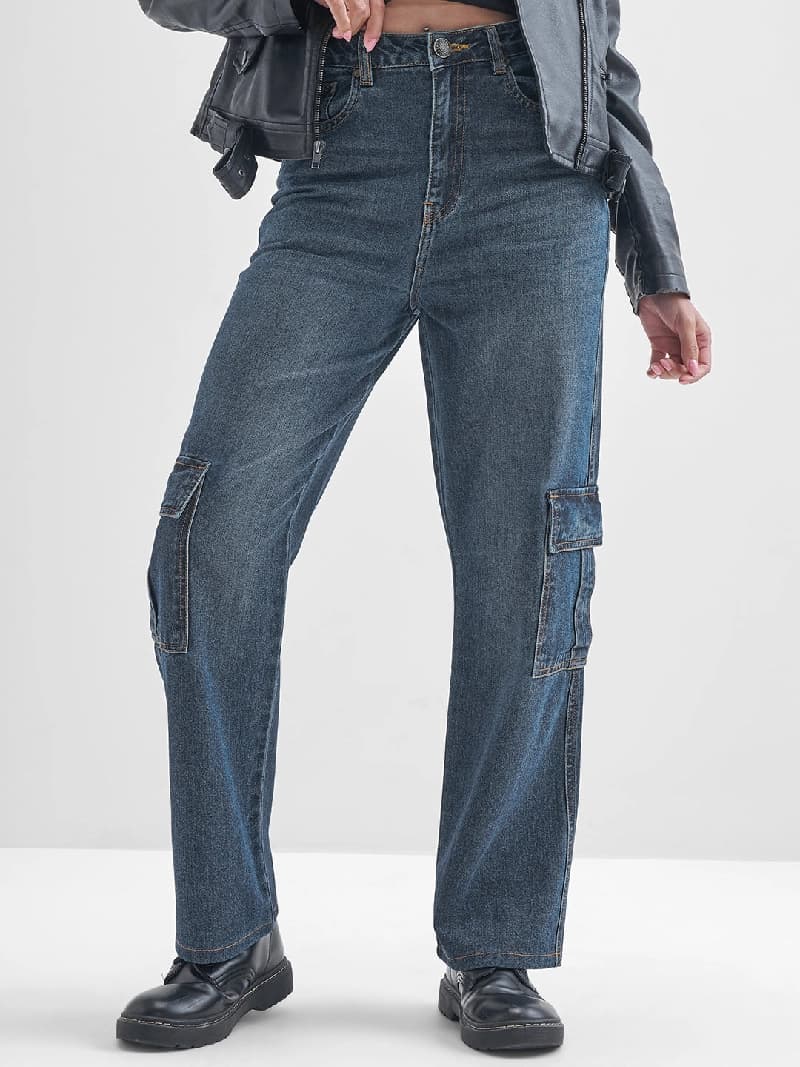 Women's Blue Casual Solid Wide Leg Jeans