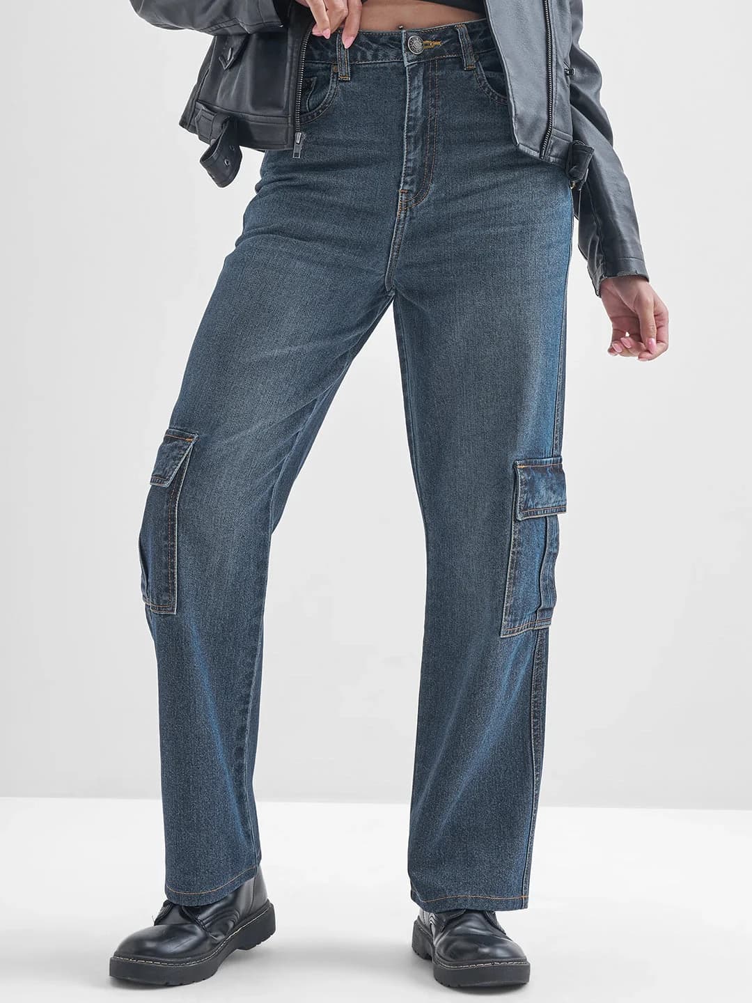 Women's Blue Casual Solid Wide Leg Jeans