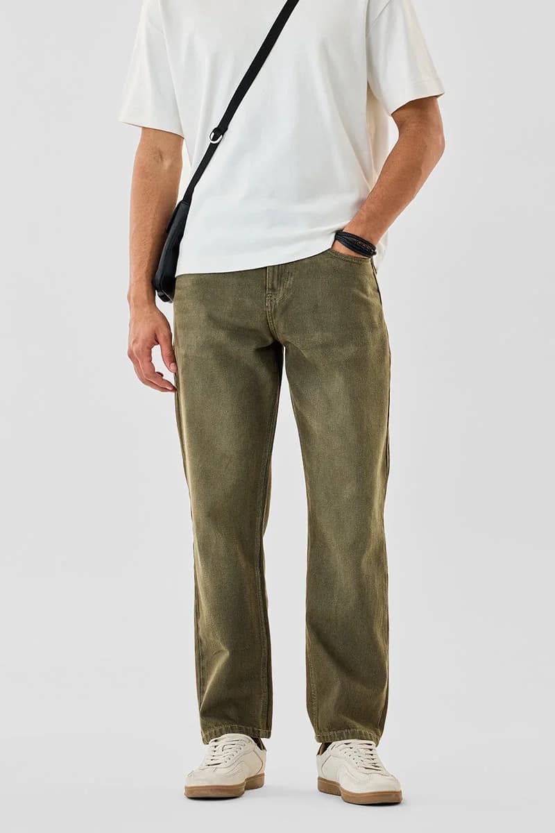 Men's Green Casual Solid Baggy Fit Jeans