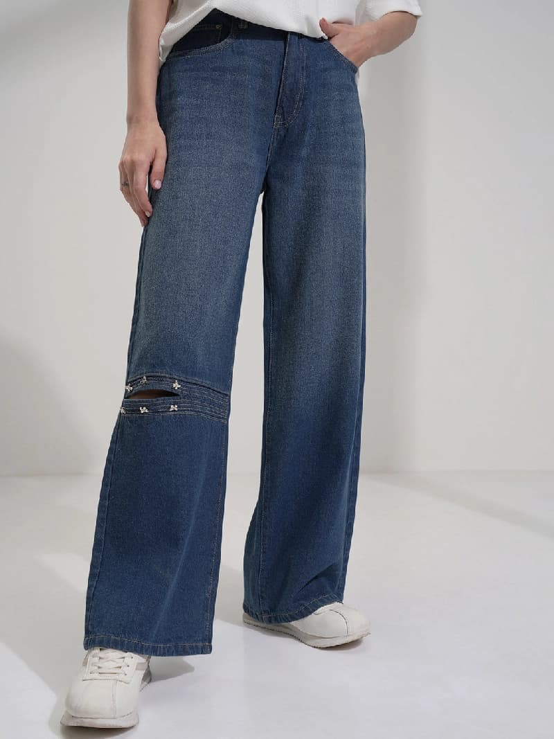 Women's Blue Casual Solid Wide Leg Jeans