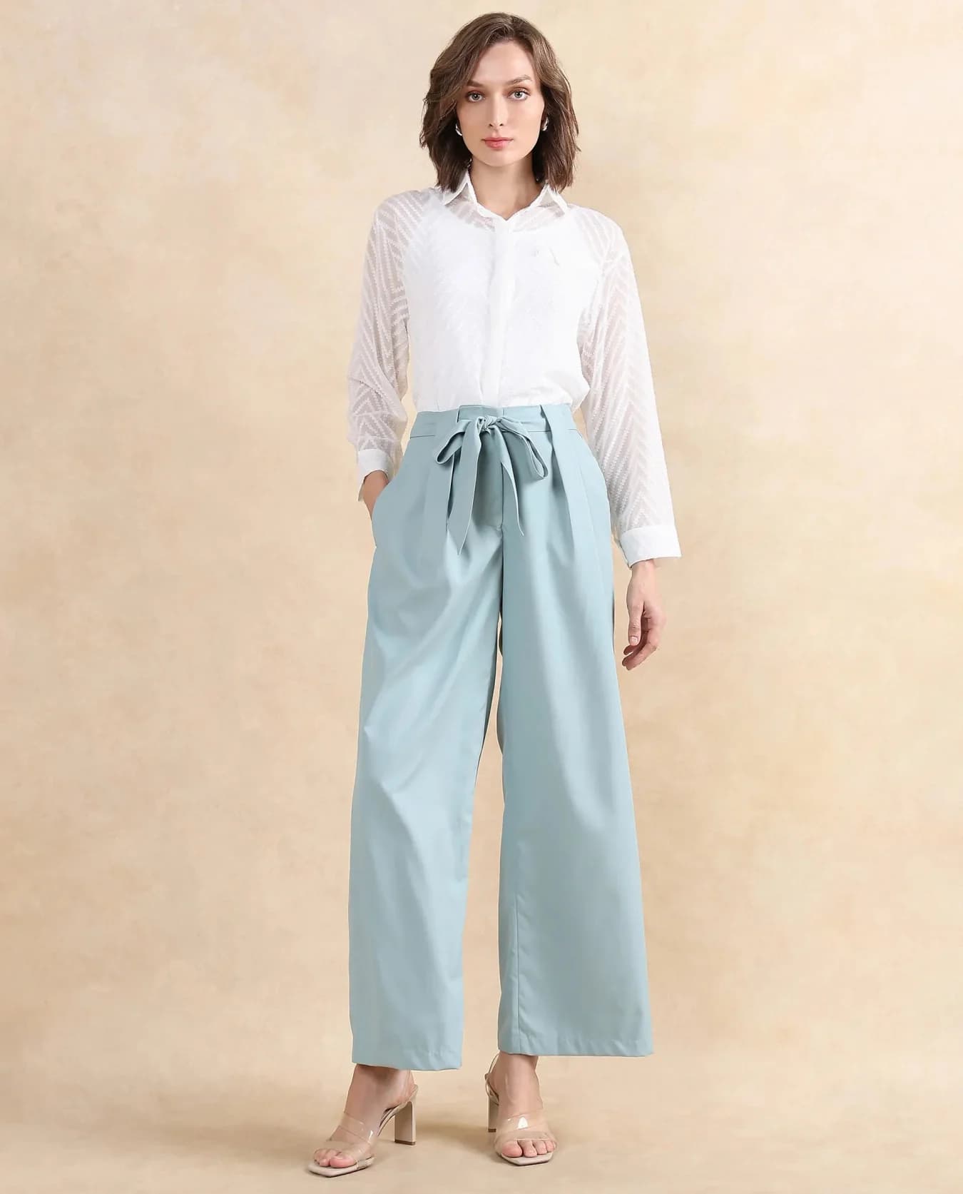 Women's Green Casual Solid Wide Leg Trouser